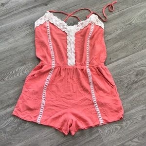 Coral crocheted open back romper